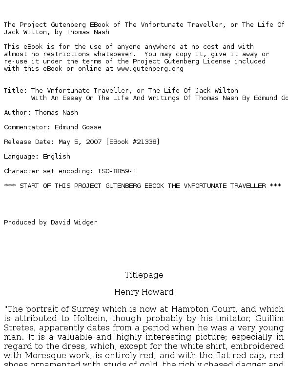 The Vnfortunate Traveller, or The Life Of Jack Wilton With An Essay On The Life And Writings Of Thomas Nash By Edmund Gosse
