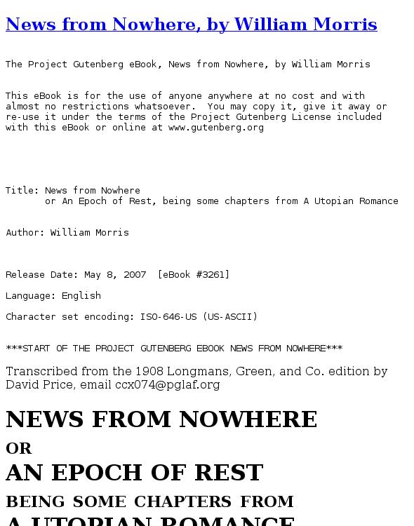 News from Nowhere, or, an Epoch of Rest : being some chapters from a utopian romance