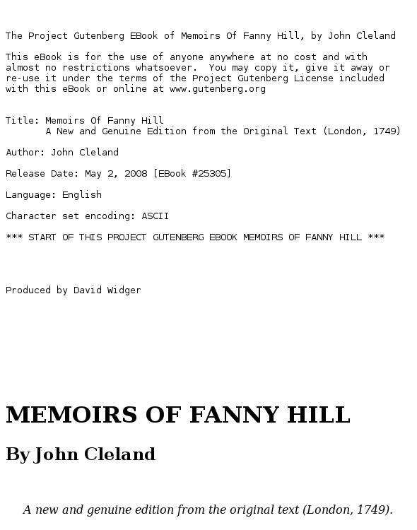 Memoirs Of Fanny Hill A New and Genuine Edition from the Original Text (London, 1749)